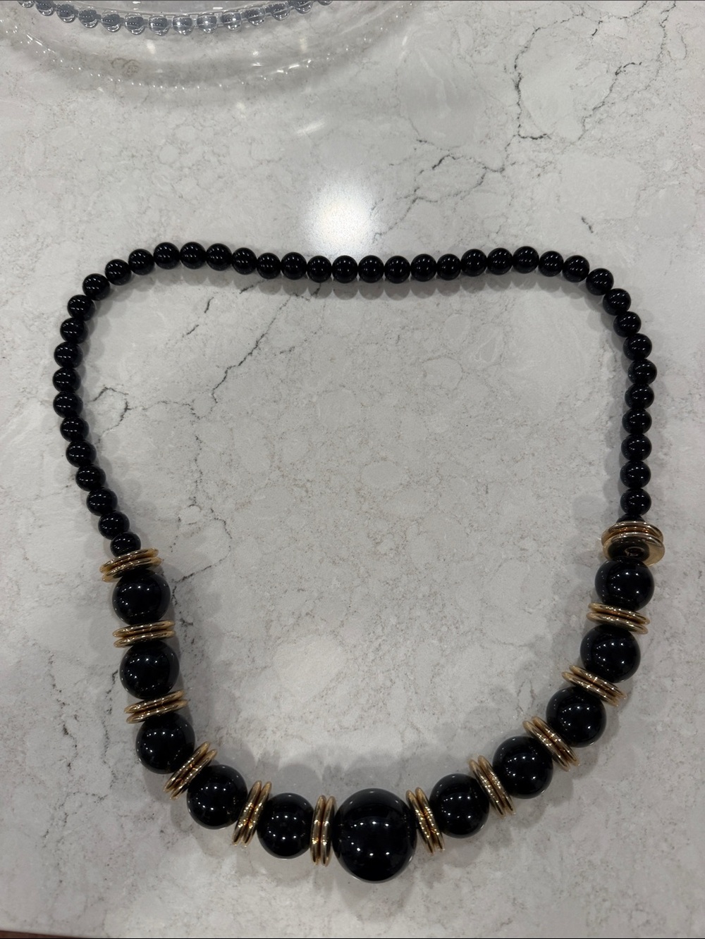 Black Beaded Necklace with Gold Accent Rings - Classic Women's Jewelry